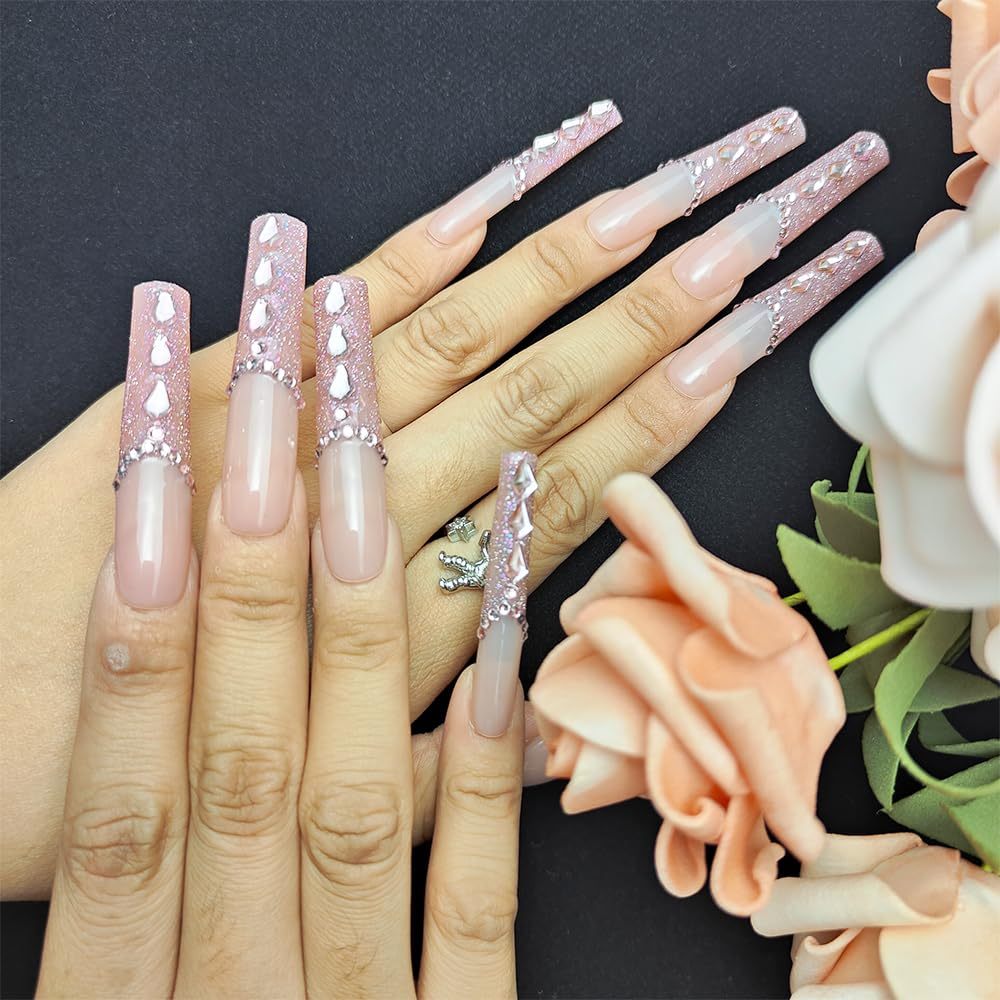 New Shiny Crystal Long Press On Nails With Diamonds Acrylic Handmade Nails